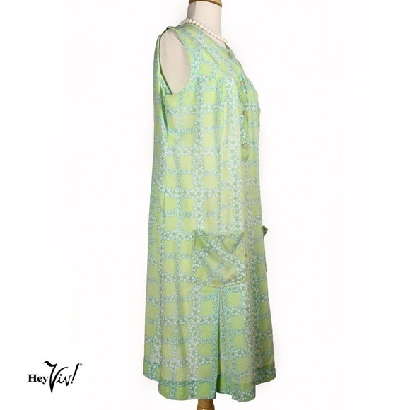 Vintage Sleeveless Day Dress Green & White Flower Print 2 Pockets Sz L - Hey Viv - Picture 4 of 8
